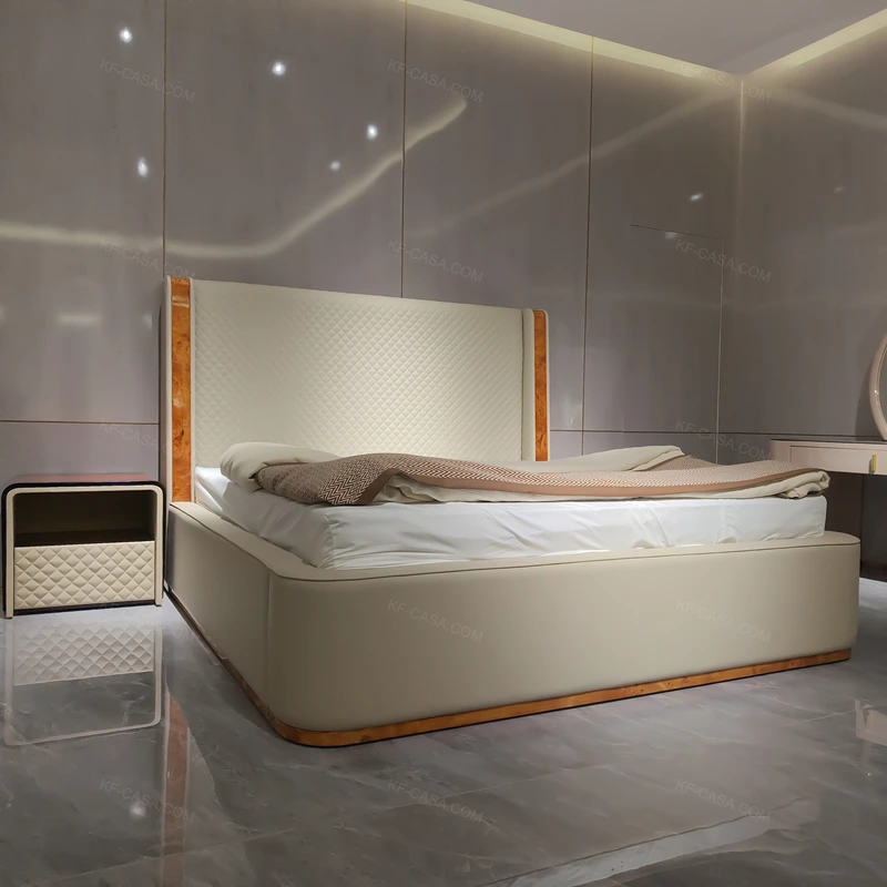 Diamond-Quilted Leather Bed with Natural Burl Wood Accents & Soft Upholstered Frame